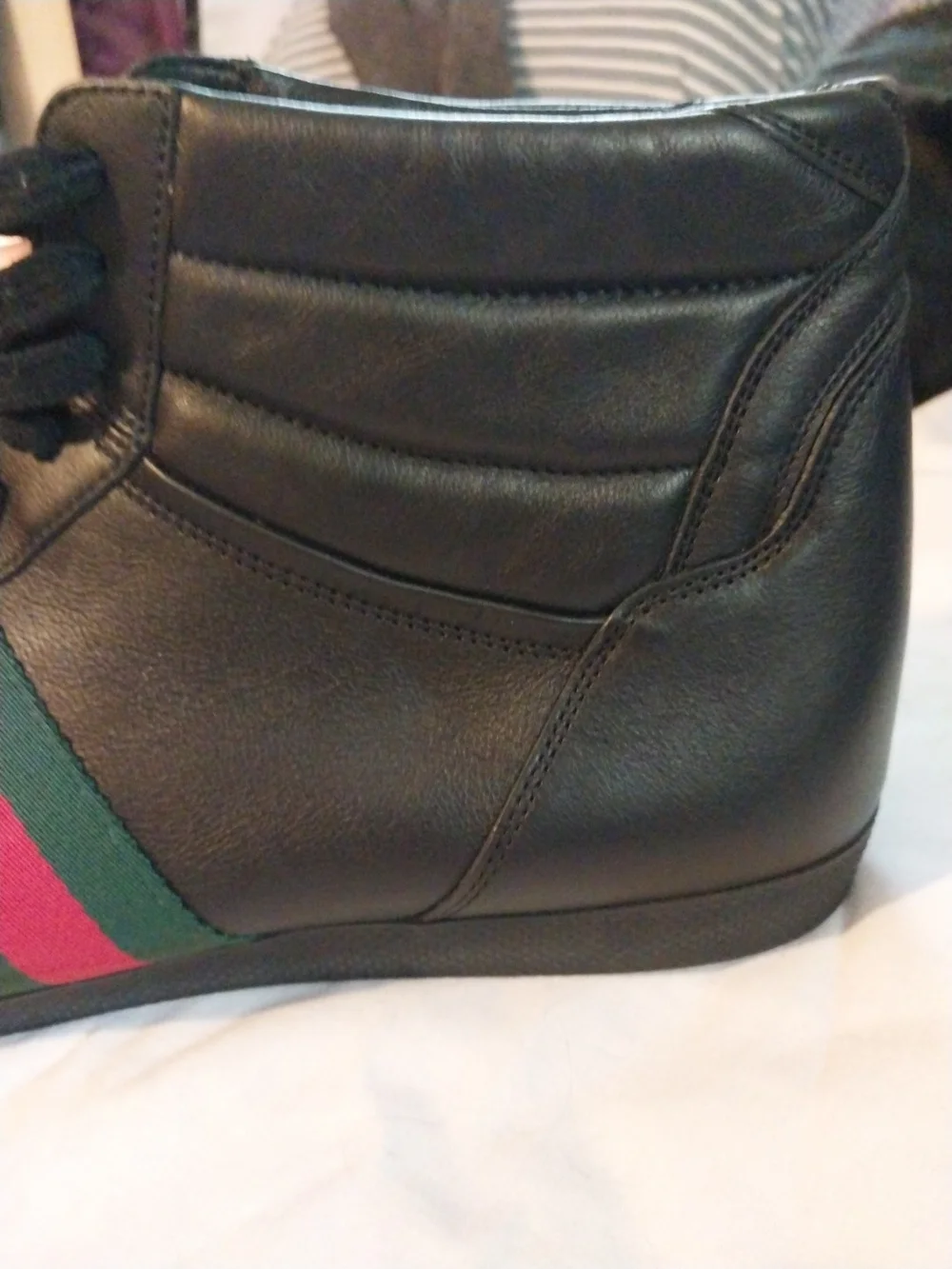 Gucci Black Leather High-Top Sneakers with Red & Green Web Stripe Size 12
